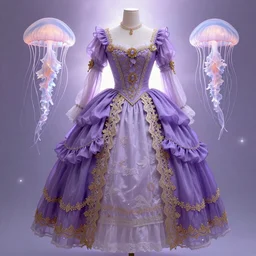 purple dress design in the style of rococo ,Victorian era，jellyfish element,Goldenlace element,dreamy, soft ,Backlight ,luminescence,Aetherpunk,highly detailed,8k