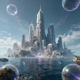 giant scifi city under bubbles in the artificial net.art screenshot sea, artstation, ultra detailed, unreal engine 5, photorealistic crippled low-range orbital decay with infinite quantum color palettes and cold colors wide-angle, 8k