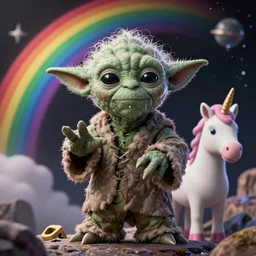 Yoda getting high, in space, rainbow and unicorn, realistic faces, grimdark extremely detailed fantasy art by Gerald Brom, octane render