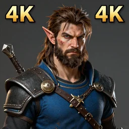 An epic fantastic realism comic book style portrait painting of an arrogant half elf ranger with shaggy brown hair, scruffy beard, scar on face, blue tunic, 4k, 8k, Apex Legends Concept Art, D&D Concept Art, unreal 5, DAZ, hyperrealistic, octane render, cosplay, RPG portrait, dynamic lighting