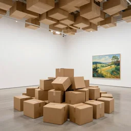 a pile! of cardboard boxes filled to the ceiling in a modern art gallery, with a parque floor, a single detailed landscape painting by anthony copely fielding on the back wall.