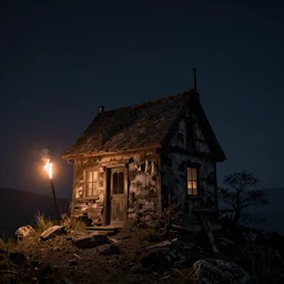 A dark decrepit cottage on a mountaintop at night, lit by a single torch, by Bastien LeCouffe-Deharme, hyperrealistic, V-Ray 8k UHD