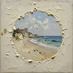 palette knife painting of a close up of a three - dimensional thick impasto oil painting of a beautiful italian beach scene, seen through complex globular texture, lots of thick encrusted paint, vast amounts of wax - like lines of dripping oil paint cover nearly everything, painted by william mallord turner, background thick encrusted paint