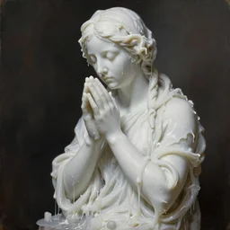 Beautiful sculpture of praying woman with closed eyes covered with melted white candle wax by Nicola Samori, dramatic volumetric lighting, full body portrait, highly detailed oil painting, trending on artstation, 4k, masterpiece