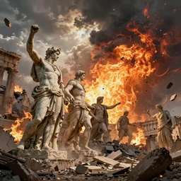 giant greek statues attacking a city, ciry destruction ruins, debris flying around, swirls of fire