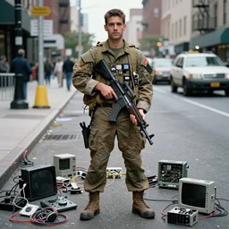 a 90s photograph of a full body homeless man mixed with a soldier wearing a satchel of computer parts and a few cables holding an assault rifle standing in a NYC street, many computer parts, cables, wires