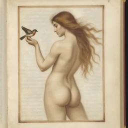 soft by jasmine becket - griffith, by nacho carbonell illuminated manuscript, illuminated manuscript. body art. a woman is shown from behind, her body slightly blurred as if in motion. her long hair cascades down her back, & she is holding a small bird in her hand.