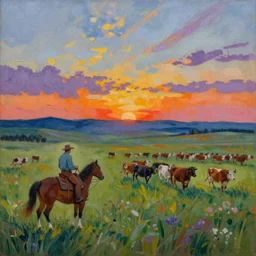 A painting of a beautiful prairie landscape at sunset with a lone rancher riding a horse near one hundred running cattle, in the style of Jackson Pollock, americana, vibrant colors