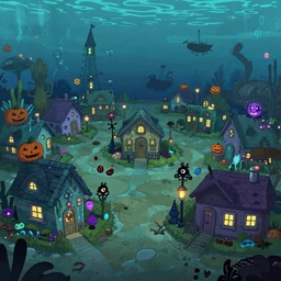 screenshot for a cartoon that takes place on a horror based suburban underwater amusement park that incorporates darker halloween and ocean elements in its design imagery and features wacky housing, halloween decorations, atlantis, shipwrecks, spooky, amusement park attractions, deep sea, horror themed, fun, in the style of genndy tartakovsky