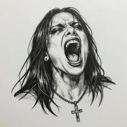 xeroxed drawing of a screaming black metal musician wearing an upside down cross necklace screaming next to a candlestick, medium shot, band logo in the top left, b & w, black background