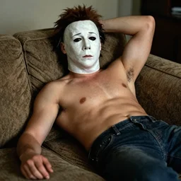 Michael Myers from Halloween lies bare-chested on the couch in a sexy pose,