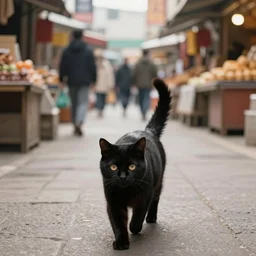 a black cat walking down a busy market street, digital art