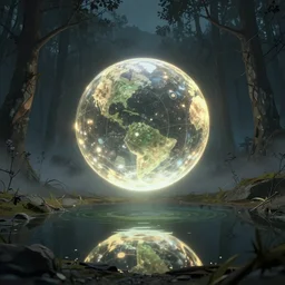 a detailed RPG portrait of a glowing orb floating over a reflective pond in a barren forest by escume, night, mist, octane render, deviantart