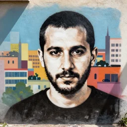 “Spray paint stencil portrait of a clean shaven Jewish guy in his 30s, the city is on the background, colorful, but very good looking, sunlight is falling on the wall”