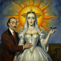 the queen of the sun by salvador dali and zdzisław beksiński, oil on canvas, beautiful and eerie colaboration, intricately detailed artwork, full 8k high quality resolution, recently just found unknown masterpiece
