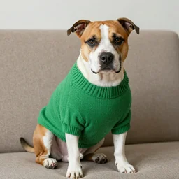 American Staffordshire terrier wearing a green sweater, sitting on a sofa, 8k