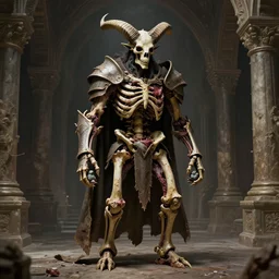 A spiked horned detailed semiork-semihuman skeleton with armored joints stands in the cavernous corridors of the palace with a pebble in hands. Wearing massive shoulderplates, cloak. Extremely high details, realistic, fantasy art, solo, masterpiece, bones, ripped flesh, art by Zdzisław Beksiński, Arthur Rackham, Dariusz Zawadzki, Harry Clarke