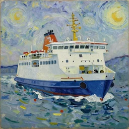 painting of a cross channel ferry on the way to France painted in the style of Jackson Pollack, with lots of scumbling, scumbled thick oil paint, oily high relief, shiny and painted in a style of painting similar to Van Gogh but more impasto and less hatching