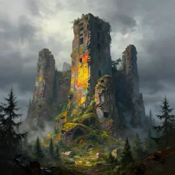 : monumental old ruins tower of a dark misty forest, overcast, sci - fi digital painting by simon stalenhag, psychedelic, bright. rich