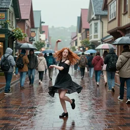 a red - haired girl is dancing in an open - up street view of fairy town, raining, crowding.