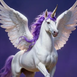 a majestic female centaur with white wings and with a horn on the forehead and purple hair and elf ears, backlit, strong rim light, highly detailed, digital painting, by Alvaro Castagnet + Peter Mohrbacher + Dan Mumford + vivid colors + high contrast, 8k resolution, intricate, photorealistic, smooth