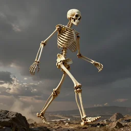 a giant skeleton walking swaggerly