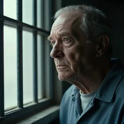 an ultra realistic, cinematic, close up portrait, of an old man, looking in the window, sad, dramatic, soft light, dreamy, facial features, stood in a cell, with prison clothing, detailed, deep focus, movie still, dramatic lighting, ray tracing, by michal karcz and yoshitaka