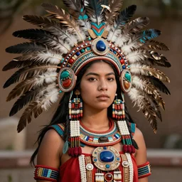 portrait of Laetitia Eido as an Aztec queen, wearing traditional Aztec garments with feathers, looking at the camera, highly detailed