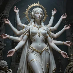 Lovely full bodied lustful 6 armed cyberpunk priestess , carved , epic , Post-processing , low angle , Moebius  , masterpiece