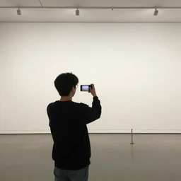 person seen from behind standing in an empty gallery contemplating over the empty opposite wall talking a selfie, photo taken with provia