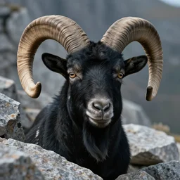 detailed closeup face of a big horned male black goat in the peak of a granite mountain in avila, granite stones, 4 k, concept art, by wlop, ilya kuvshinov, artgerm, krenz cushart, greg rutkowski, pixiv. cinematic dramatic atmosphere, sharp focus, volumetric lighting, cinematic lighting, studio quality