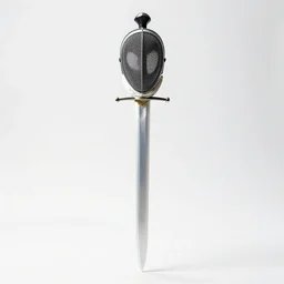 translucent fencing sword and mask, photorealistic, isolated on a pure white background, centered, entire object in frame, sharp focus, soft studio lighting