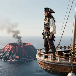 a pirate standing on a skyship overlooking smoking crater