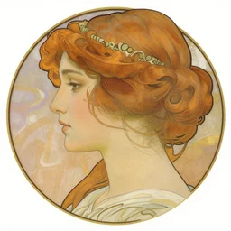 realistic detailed masterpiece head and shoulders profile portrait of Mia Kirschner by Alphonse Mucha, Ayami Kojima, Amano, Charlie Bowater, Karol Bak, Greg Hildebrandt, Jean Delville, and Mark Brooks, Art Nouveau, Neo-Gothic, gothic, Mia Kischner, rich deep moody colors