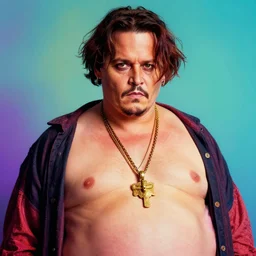 A psychedelic portrait of very obese and fat johnny depp, vibrant color scheme, highly detailed, in the style of romanticism, cinematic, artstation, Moebius, Greg rutkowski