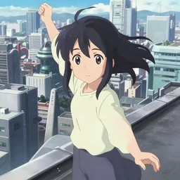 anime film visual of a young black haired girl sightseeing urban futuristic city standing on rooftop, cute face by ilya kuvshinov, makoto shinkai, kyoto animation, dynamic perspective and pose, detailed eyes, less nose, crisp and sharp cel shade