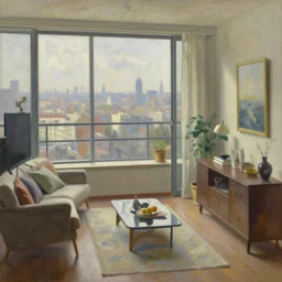 the trappings of modern life, a view from the penthouse, oil painting by greg rutkowski