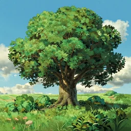 a landscape of a single tree with bushes nearby, studio ghibli, castle in the sky, animated, anime, illustrated, vibrant, by greg rutkowski, by kazuo oga, dungeons and dragons on artstation