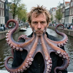 closeup portrait of a man constricted by a kraken tentacle in an amsterdam canal, huge octopus, photograph, natural light, sharp, detailed face, magazine, press, photo, steve mccurry, david lazar, canon, nikon, focus