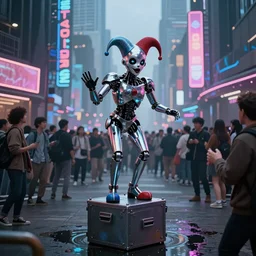 a silly futuristic cyberpunk cyborg jester entertaining a crowd on a small box in the middle of the city square, futuristic, chrome, dystopia, neon signs, puddles, high definition, realistic, photograph, photorealistic, cinematic, aesthetically pleasing
