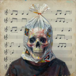 musical score, vintage collage, trash bag on head, blurred, grotesque, doomed, neural acrylic paint, high resolution, gouache on canvas, ultra detailed, artwork by bauhaus