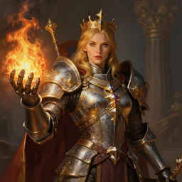 portrait of imogen poots as a warhammer paladin, fireball on hand, by sasha tudvaseva, deep focus, intricate, elegant, regal, highly detailed, digital painting, artstation, concept art, matte, sharp focus, illustration, warhammer, fantasy, hearthstone, art by artgerm and greg rutkowski and alphonse mucha