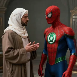 peter parker wearing islamic clothes while talking to green lantern about the state of america, masterpiece, highly detailed, high quality, 4 k, anatomically correct, hyperrealistic, concept art, octane render, unreal engine 5, trending on artstation, trending on deviantart, matte, historical painting, fantasy style, path traced, high coherence, soft lighting, digital painting, mythical