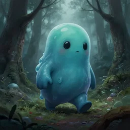 Cuddly slime creature wandering a dark deep forest, Airbrush Style, Foggy, Moody, Horror