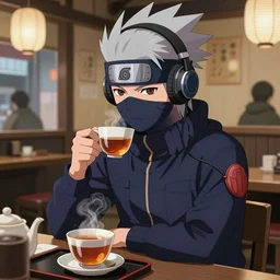 kakashi from naruto wearing headphones and a navy blue hoody having tea at a tea shop in toyko, aesthetic, digital painting, artstation, highly detailed, 4 k