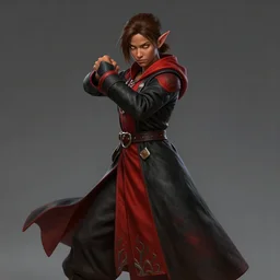 beautiful teenager female half elf monk, full body black and red longcoat, fist training, detailed face, brown hair, short ponytail, golden eyes, brown skin, high fantasy, high detail, smooth, sharp focus, matte painting, by michael komarck, mtg art
