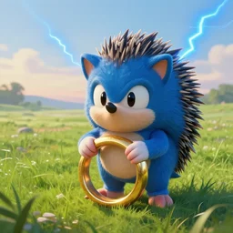 a cute face blue hedgehog holds a large gold ring, beautiful grassland, early morning hours, long shadows, blue lightning, extremely detailed, fantasy painting, by jean - baptiste monge!!!!