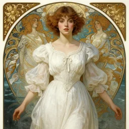 long shot, woman posing, short wavy hair, round face, intricate white dress, cottagecore!!, inside water, intricate, enlightened, highly detailed, digital painting, artstation, concept art, smooth, sharp focus, illustration, art by artgerm and greg rutkowski and alphonse mucha