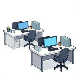 a cartoon drawing of an office with desks chairs computers and other office equipment