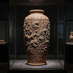 a full realistic photo of a tall and thin cylindrical clay dead sea scroll jar inside a glass case on a pedestal, dark, brooding, volume lighting, atmospheric lighting, painted, intricate, ultra detailed by leesha hannigan, thierry doizon, kai carpenter, well composed, best on artstation, cgsociety, epic, stunning, gorgeous, intricate detail, wow, masterpiece
